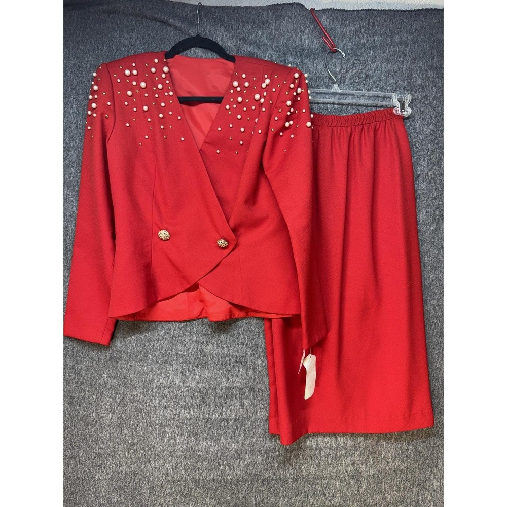 Vintage Miss Elliette Skirt Suit Womens 6 Red Pearl Beaded Jacket 80s NEW